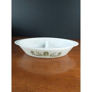 Vintage Unmarked White Milk Glass Oval Divided Serving Bowl Green Floral Glossy